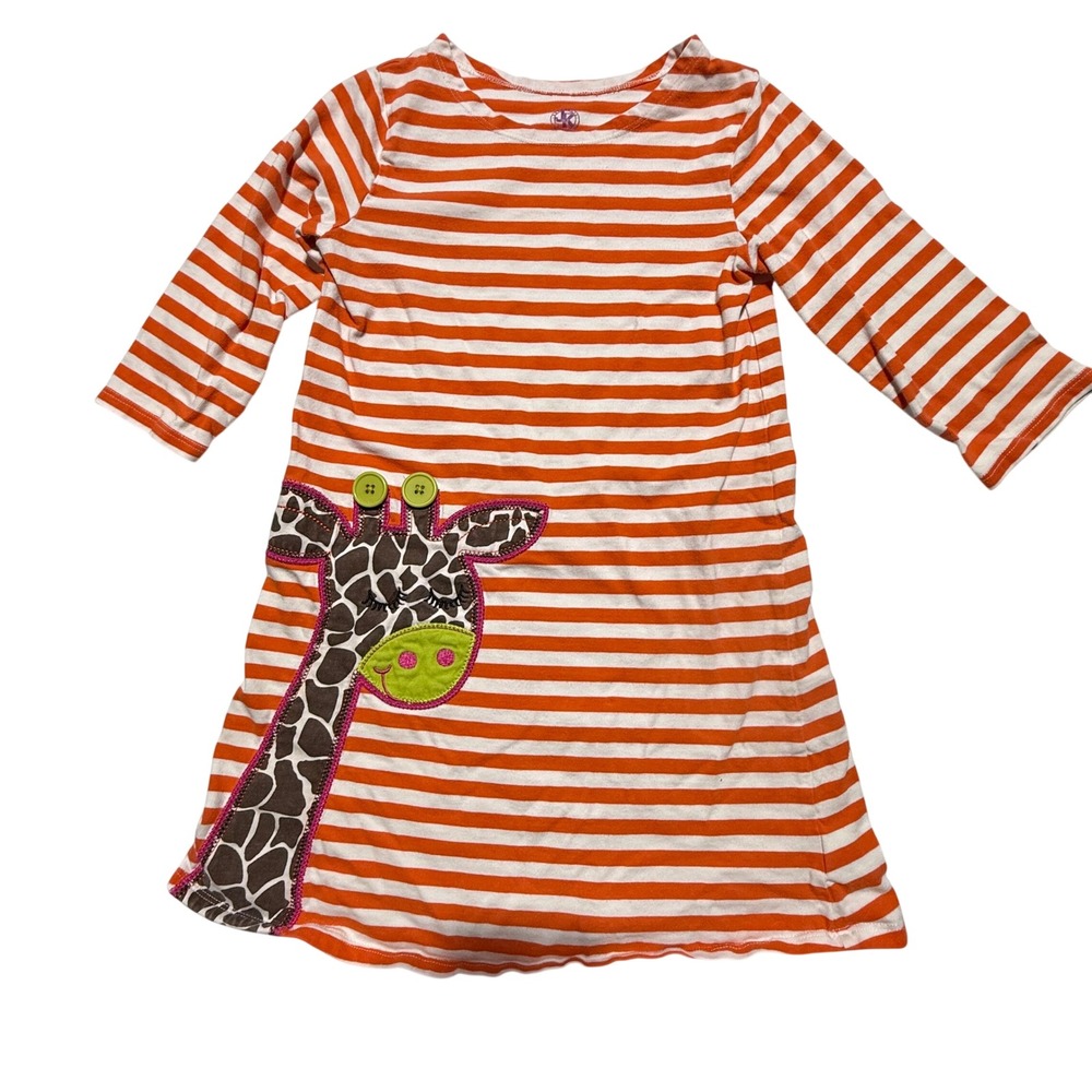 Boutique style Girls Orange White Striped Giraffe Applique Cotton Dress Size 6X